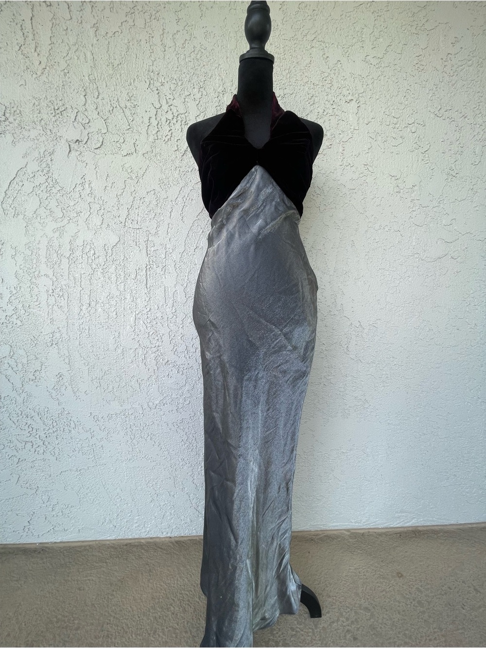 Vintage Halter Velvet Bodice Metallic Silver Maxi Dress